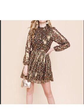Trixxi Metallic Gold Floral Long-Sleeve Mini Dress